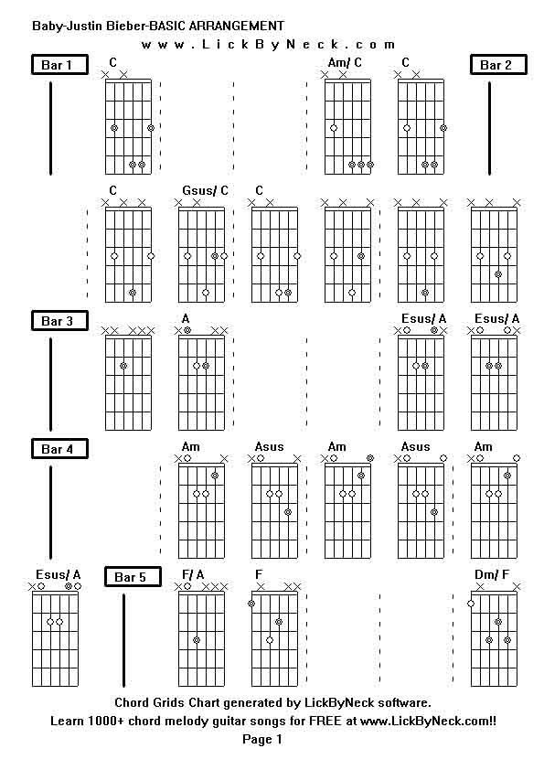 Chord Grids Chart of chord melody fingerstyle guitar song-Baby-Justin Bieber-BASIC ARRANGEMENT,generated by LickByNeck software.